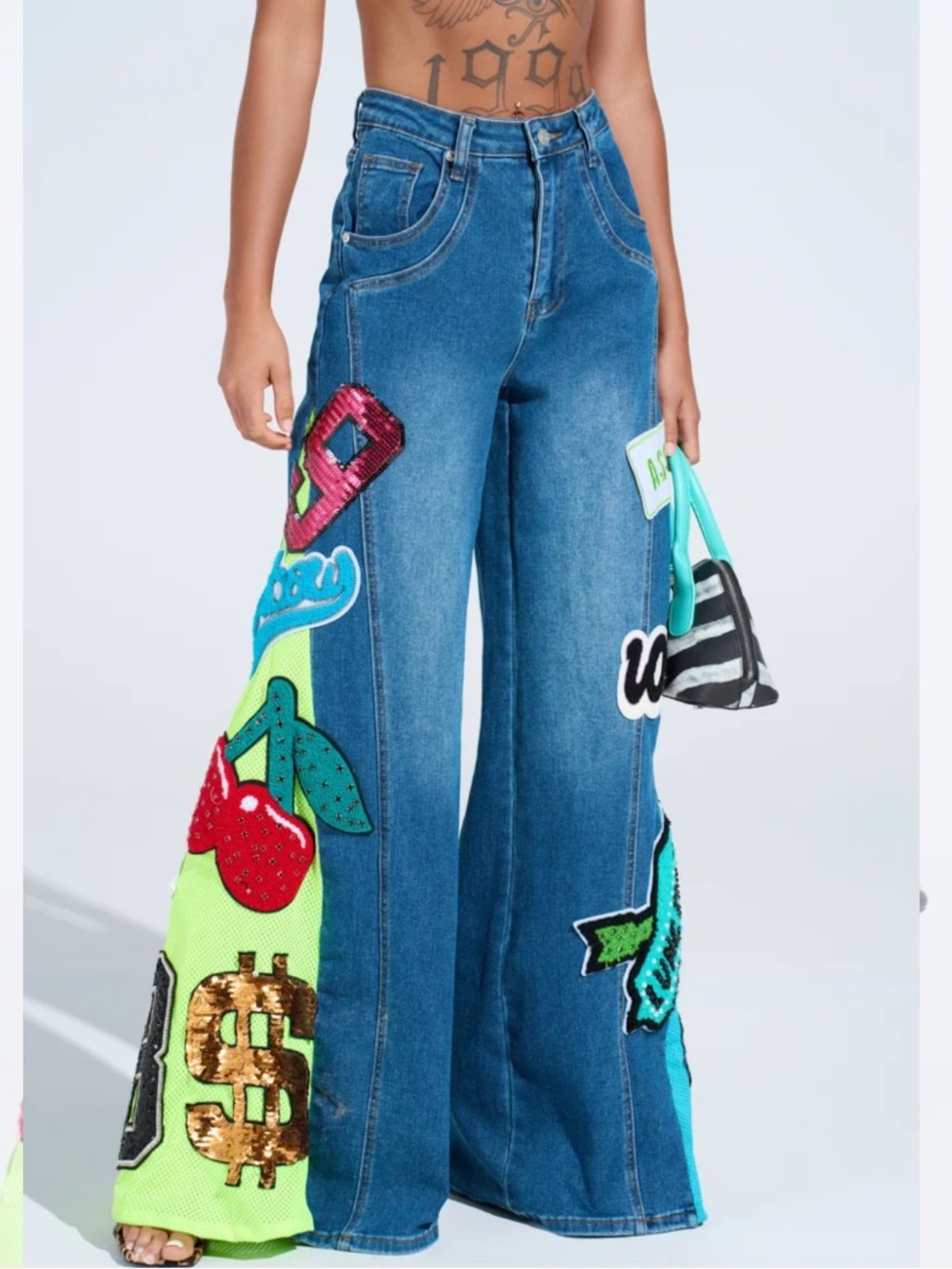 NOT SORRY PATCHWORK MEDIUM BLUE DENIM JEANS $79.90 sz large akira